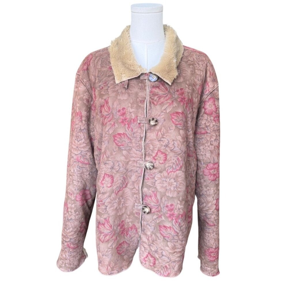 Coldwater Creek Faux Suede Floral Sherpa Jacket‎ XLP Button Front Fur Collar